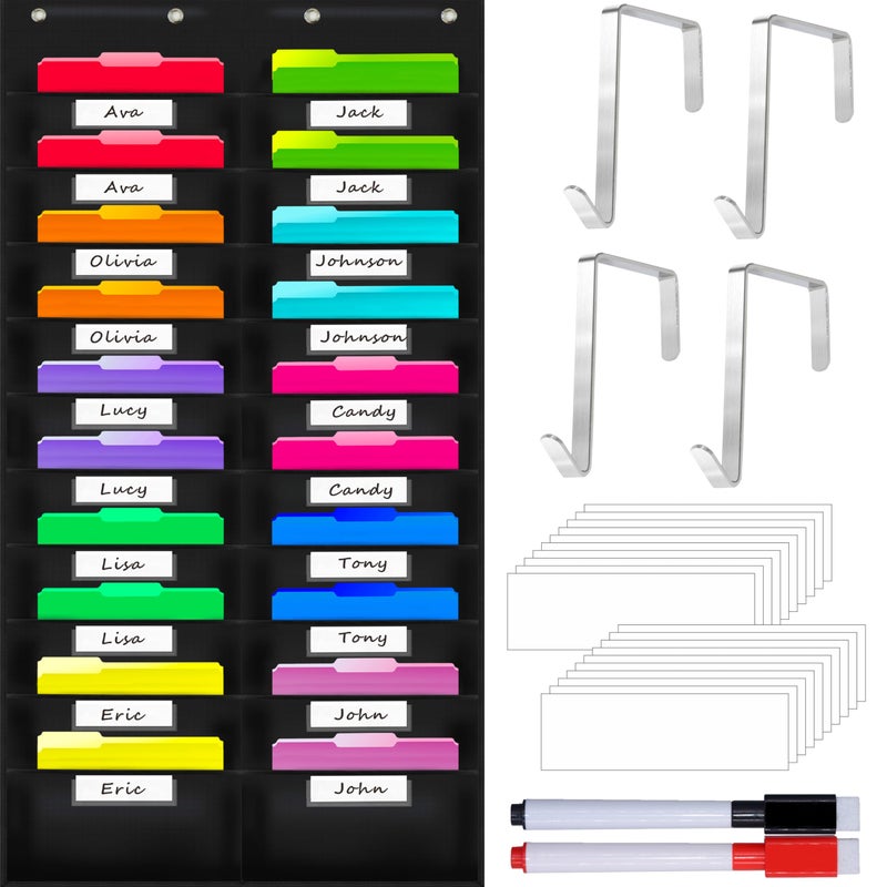 Vantasii Nylon Storage Pocket Chart with 20 Name Tag Pockets, Hanging Wall File Organizer, 4 Hooks and 20 Blank Cards, Organize Your Assignments, Files, Scrapbooks, Paper (28.5â€x 47â€) â€¦ - Image 1